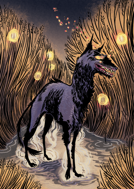 Scucca A black dog with glowing eyes, surrounded by ember-like lights, standing in a reedbed. steam rises from its feet were it stands on the water's surface.