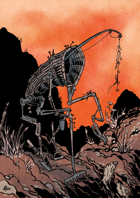 Kratt a creature made from an assortment of tools stands on the edge of a pit it has dug, its fishing-rod head silhoetted against an orange sunset. in the pit, the feet of a corpse are visible.