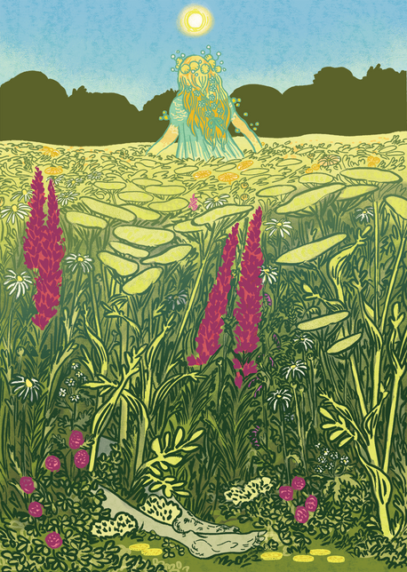 Queen of the Fallow Field a meadow full of wildflowers at noon. a ghostly girl moes through the meadow, away from the viewer. in the foreground the feet of a corpse poke through the flowers, with scattered coins.