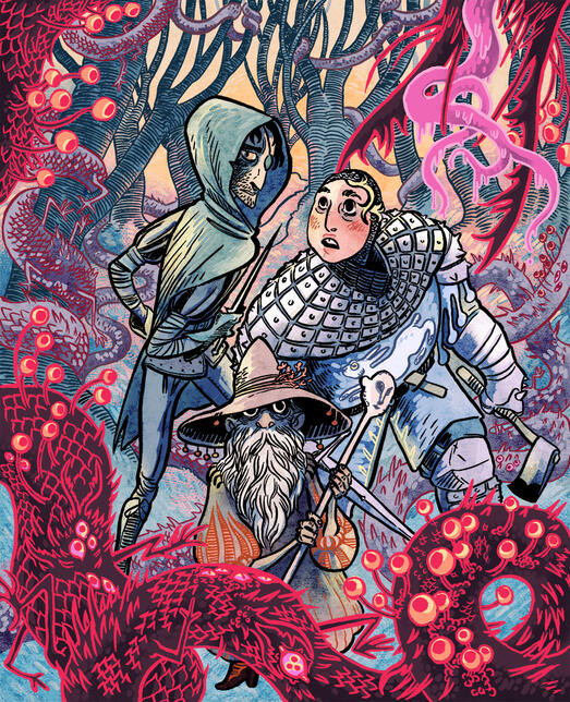 Cover for the OSE edition a trio of fantasy adventurers facing up against a monster, visible only at the edges of the pages. the adventurers are a hooded rogue, a small wizard, and a knight with an axe, all looking daunted by the monster.
