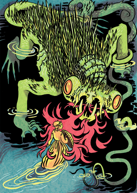 Velue a spiny, toadlike dragon faces off against a heroine with a shield, wading through water towards it. the dragon breathes fire which is rebuffed by the sheild.