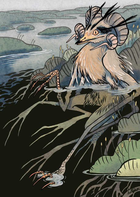 Bukavac a monster crouched in a swamp, partly submerged. it is heronlike with ram's horns, and six veyr long spindly legs like bird feet.